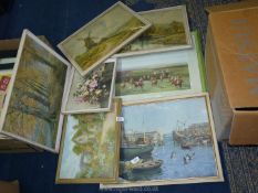 A quantity of prints including Vernon Ward harbour scene, Brean print of 'An Old Mill Sussex Downs',