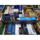 Two boxes of books: Crossword Finder, William Morris, British History etc.