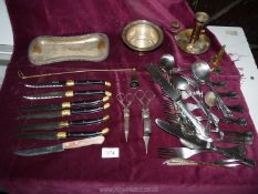 A quantity of metalware including brass Chamber-stick and snuffer, wick trimming scissors,