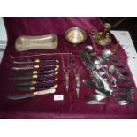 A quantity of metalware including brass Chamber-stick and snuffer, wick trimming scissors,