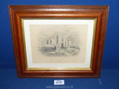 A framed mixed media sketch of 'Raglan Castle, Monmouthshire'.