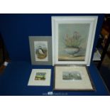 Two framed prints including Crocuses and Llanthony Priory plus two unframed prints of Puffins and
