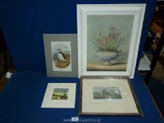 Two framed prints including Crocuses and Llanthony Priory plus two unframed prints of Puffins and