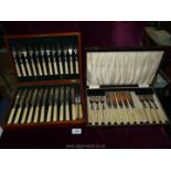 A wooden canteen of bone handled cutlery (incomplete) and a cased set of fish eaters,