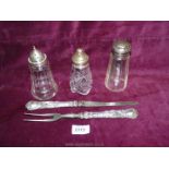 Three silver topped Sugar Shakers with hallmarks for Sheffield,