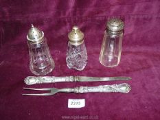 Three silver topped Sugar Shakers with hallmarks for Sheffield,