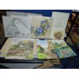 A Portfolio of Watercolours and sketches, some signed Edith Owen, Hibiscus painting on silk 'S.