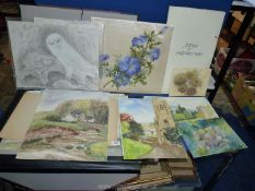 A Portfolio of Watercolours and sketches, some signed Edith Owen, Hibiscus painting on silk 'S.