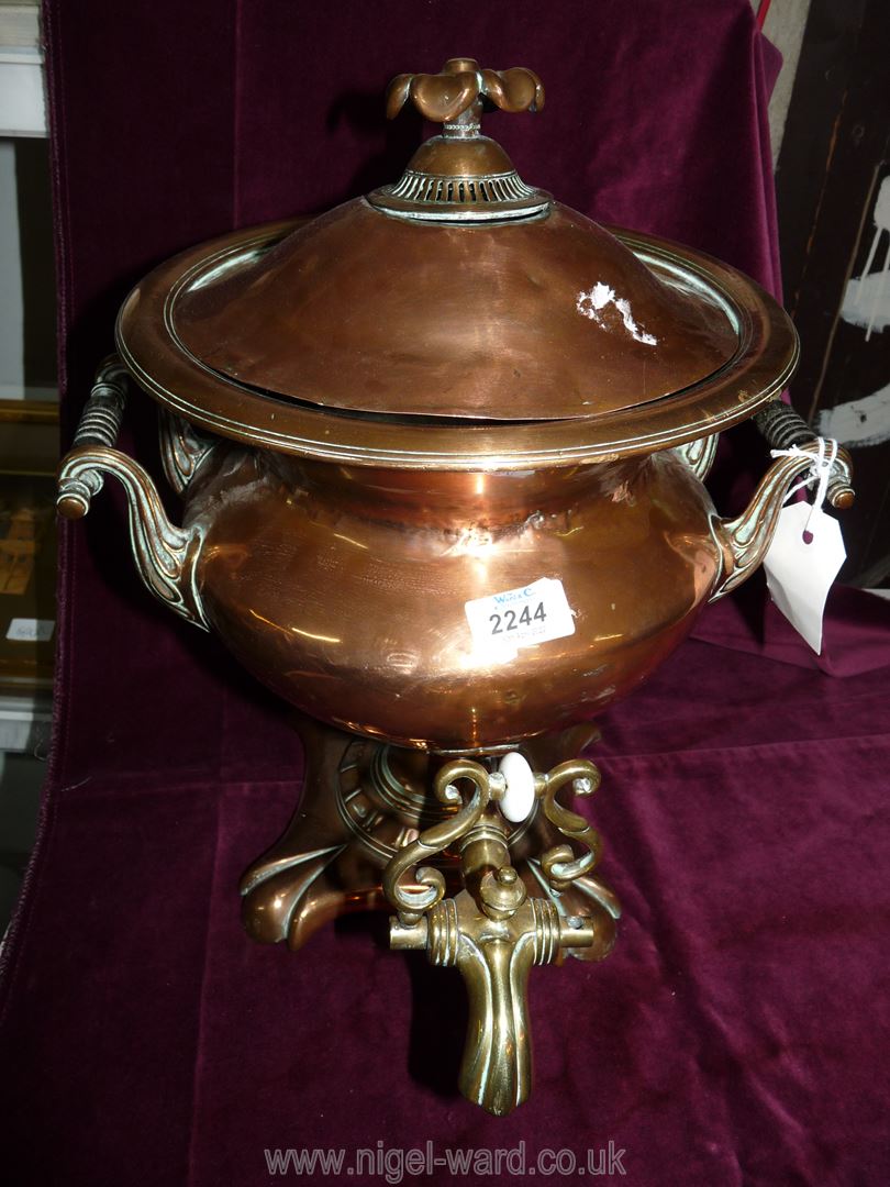 A large copper and brass Samovar 16" tall x 13".