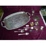 An Epns handled tray plus coasters, candlestick, egg cup, teaspoons, etc.