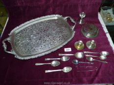 An Epns handled tray plus coasters, candlestick, egg cup, teaspoons, etc.