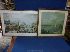 A large Hendrick Avercamp Print of Winter landscape with ice skaters along with a Venetian print.