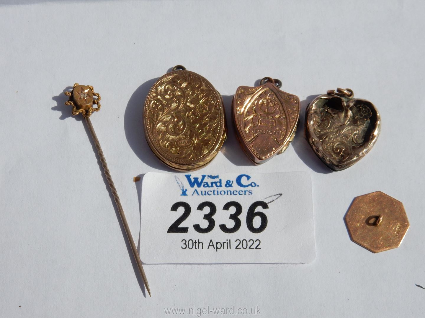 Three lockets including shield shaped (9 ct), heart shaped (a/f) and oval, - Image 2 of 3