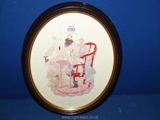 A mid century Chinese Watercolour Papercut in an oval fame of a Sage reading from a scroll by