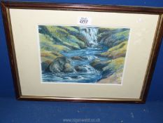 A framed and mounted Print depicting an otter in a stream, signed lower right J.