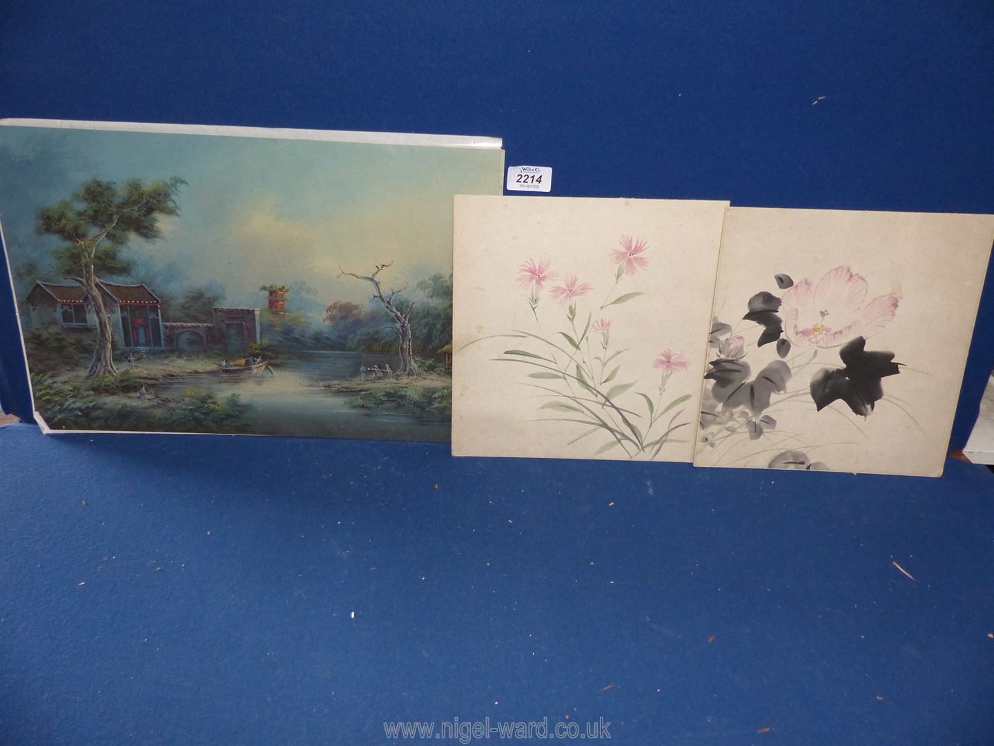 A Chinese painting of a river scene with temple, signed lower right, 45 x 29 cms,