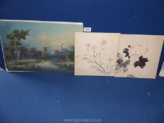 A Chinese painting of a river scene with temple, signed lower right, 45 x 29 cms,