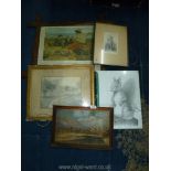 A quantity of pictures including an oil on board depicting a river scene, print of a squirrel,