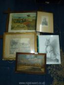 A quantity of pictures including an oil on board depicting a river scene, print of a squirrel,