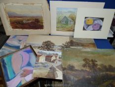 A box of unframed paintings including Victorian oil on canvas of a landscape and various