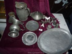 Various pewter Plates, 6'' and 4 1/2'', tankard, lidded coffee pot, etc.