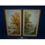 A pair of framed and mounted Watercolours of cattle drinking from a river and figures outside a