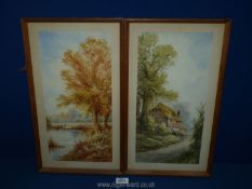 A pair of framed and mounted Watercolours of cattle drinking from a river and figures outside a