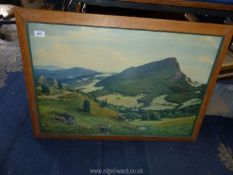 A wooden framed print of a mountain by H. Franke 37, 35" x 25".