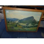 A wooden framed print of a mountain by H. Franke 37, 35" x 25".