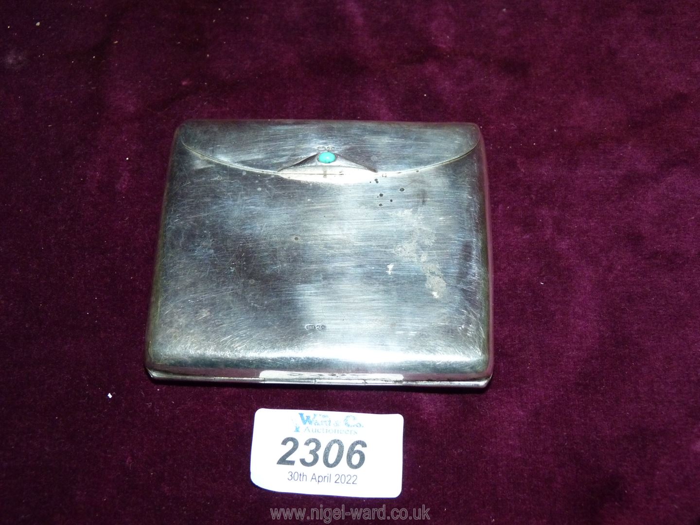 A Silver cigarette Case, with small turquoise stone to clasp, stamped 925, maker C & C, 130 gms.