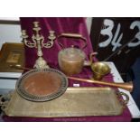 A copper kettle, brass and copper hunting horn, pestle and mortar, candlestick etc.