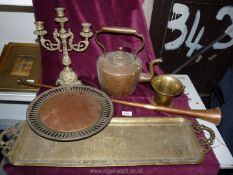 A copper kettle, brass and copper hunting horn, pestle and mortar, candlestick etc.