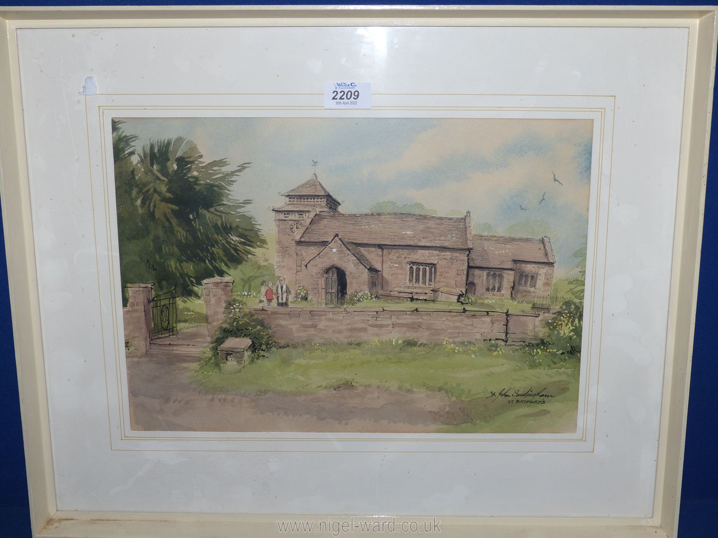 A framed and mounted Ink and Watercolour depicting St. Bridgets Church, signed D.