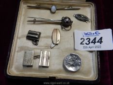A small quantity of silver including stick pin brooches, pill box, cufflinks, etc.