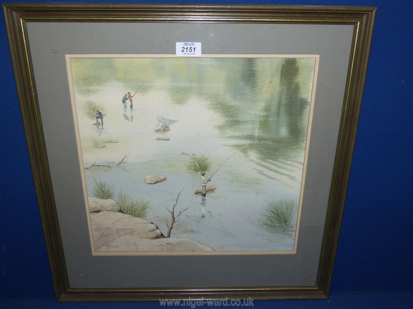 A Watercolour of boys fishing on the river Severn near Bewdley, signed Goode, approx.