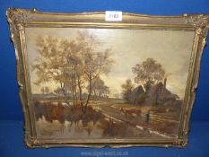 A framed Oil on board depicting a figure with cows, indistinctly signed lower left, 1873.