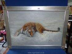 A large Oil on canvas of a Siberian Tiger by Watson.