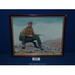 A small framed Print by John Tidewell of a SAS soldier in the desert.