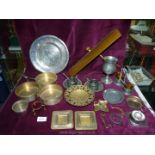 A quantity of mixed metals including pewter cups and saucers, cruet with amber glass liners,