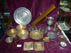 A quantity of mixed metals including pewter cups and saucers, cruet with amber glass liners,