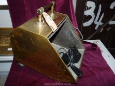 A brass coal scuttle, a/f 15 1/2'' x 11'' wide x 14 1/2'' tall.