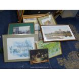 A quantity of pictures to include Prints of Worcester Cathedral, 'Ascot 1953', 'Old House Hereford',
