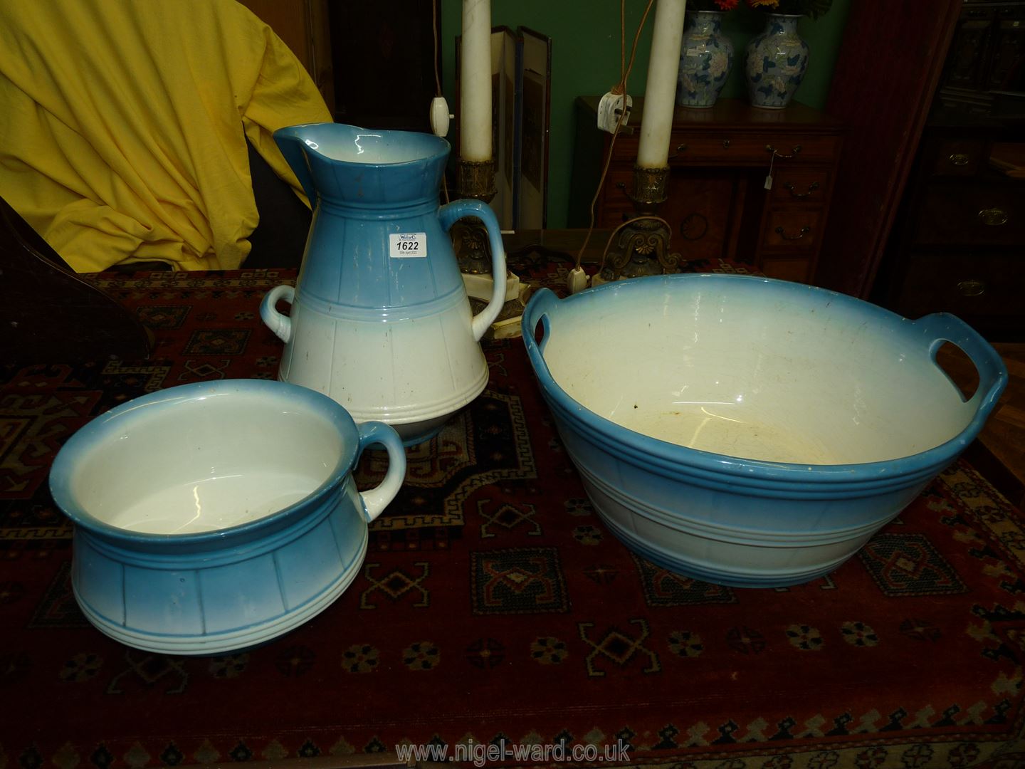A shaded turquoise Crescent ware '1st Quality' barrel effect Bedroomware Jug,