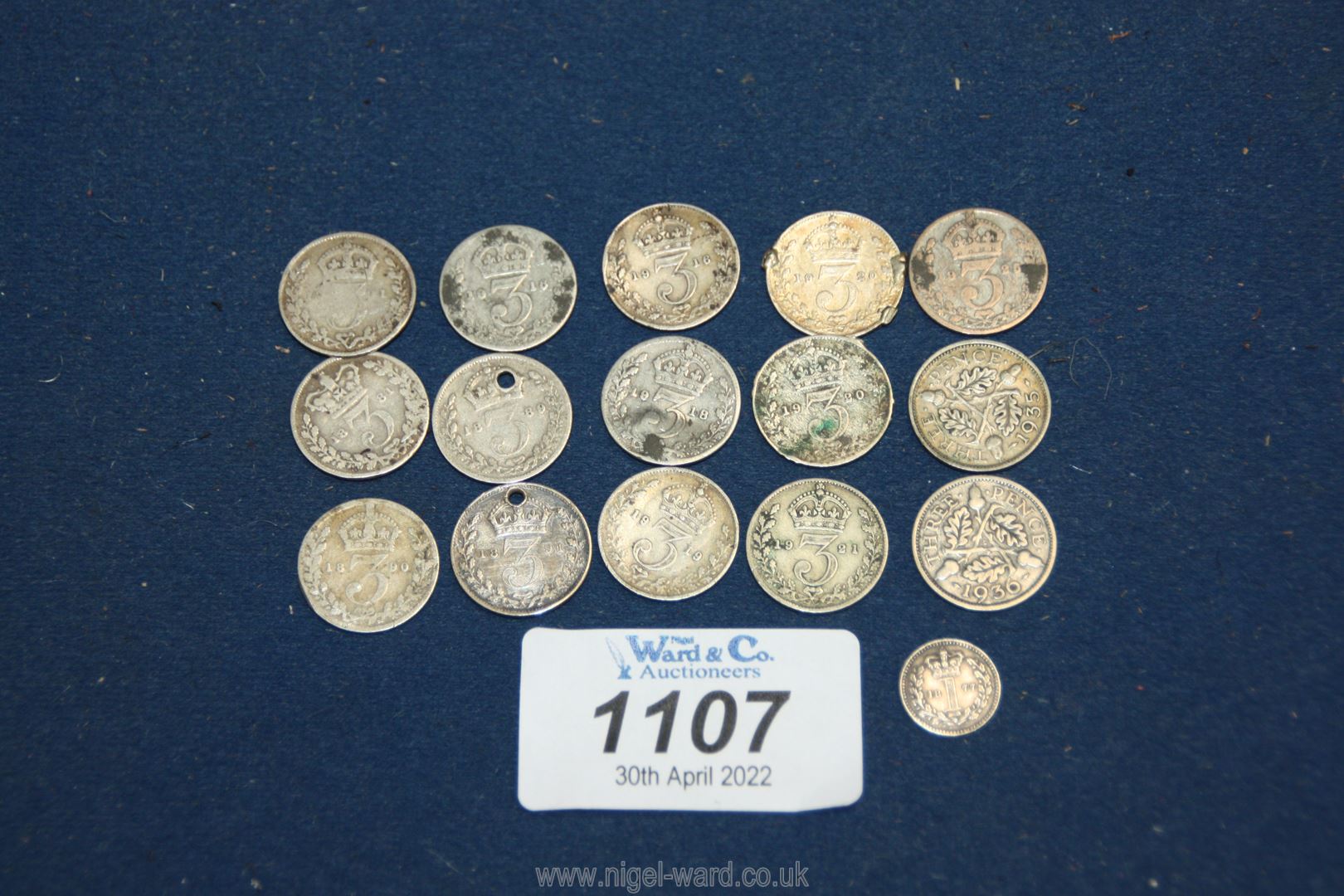 Fifteen silver threepences including some Victorian and a silver Maundy penny 1877.