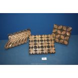 Three old copper Batik printing Blocks in leaf and scroll patterns, 8 1/2''' x 6 1/2'' x 1 1/2'',