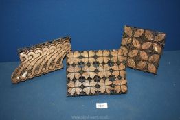 Three old copper Batik printing Blocks in leaf and scroll patterns, 8 1/2''' x 6 1/2'' x 1 1/2'',