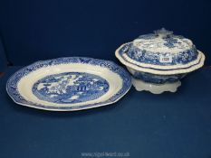 A large blue and white meat plate plus a Staffordshire lidded tureen.