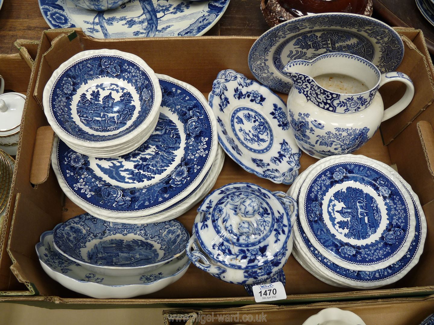 A quantity of mixed blue and white, mostly Adams including large jug, dinner plates, soup bowls,