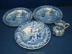 Four pieces of Davenport blue and white china including a pair of plates,