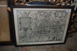 A framed copy of an old Map of Cambridge, 17 3/4'' x 13 1/4''.